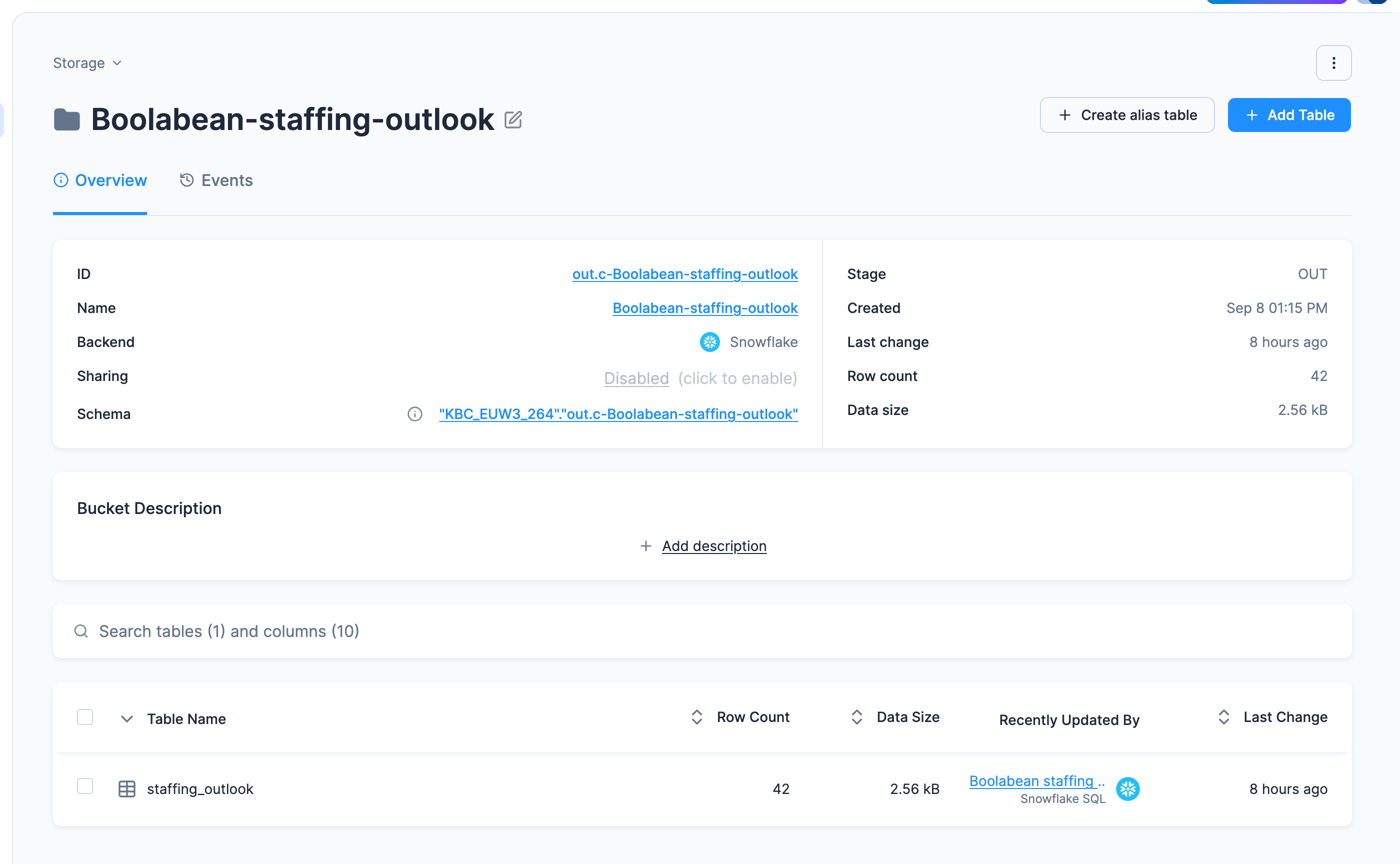 Screenshot - The new table in Storage